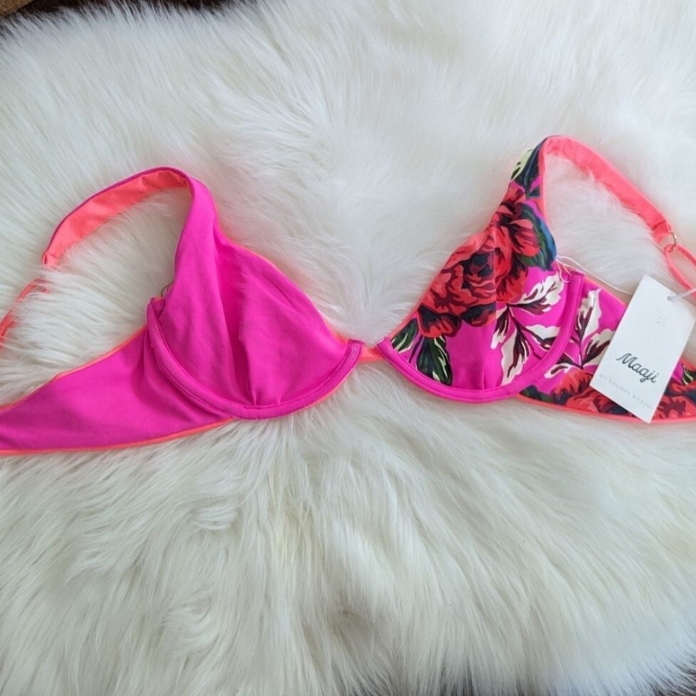 NWT Maaji swimwear bikini top barbie pink floral reversible underwire L Large